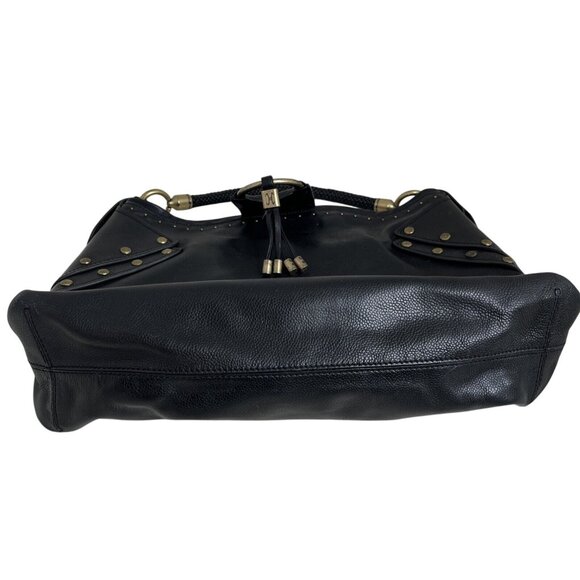 Cole Haan Black Leather Studded Hobo Bag With Brass Hardware & Braided Handle - Picture 2 of 10